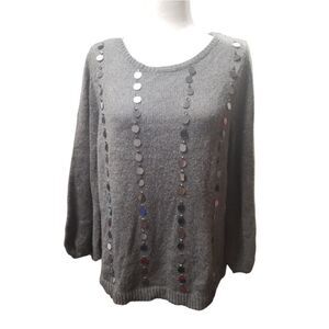 Chico's Pullover Round Silver Sequins Gray Sweater Size Large